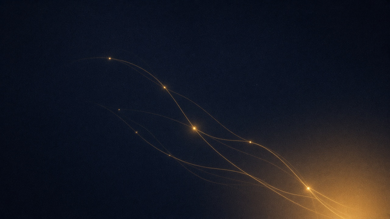 Thin amber threads of light linking small glowing nodes across a dark indigo field.