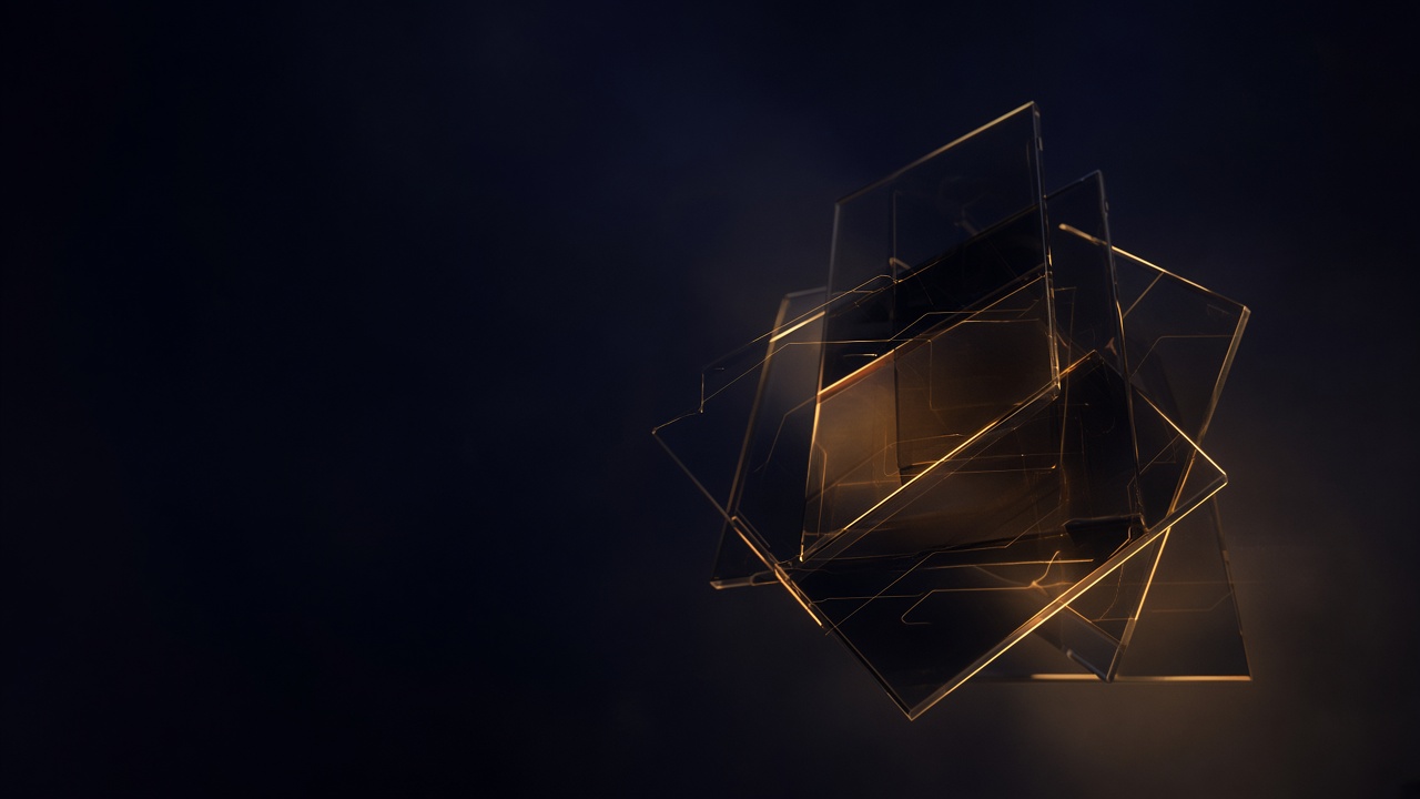 Dark glass panes edged in amber light, floating in a deep indigo void.